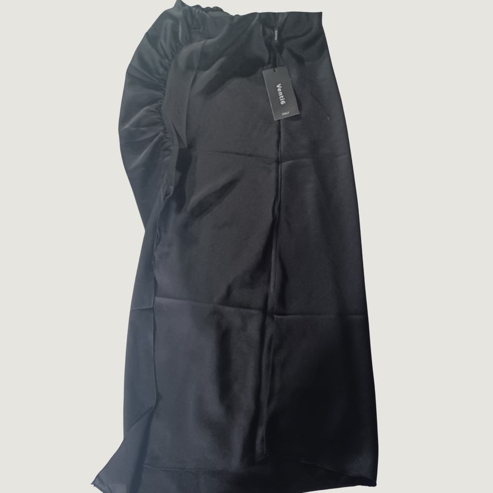 Venti6 Italy Womens Black Satin Midi Skirt Gathered Ruffle Detail Size M NWT